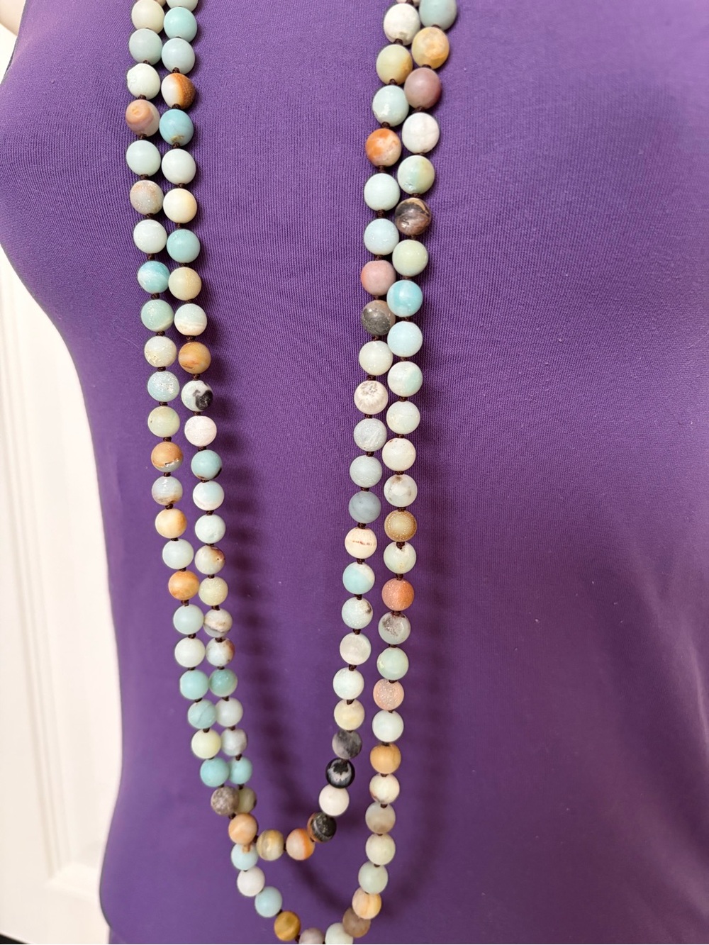 Natural Stone Gems Beads Handmade Knot Necklace Long Strand Boho Artsy Beachy
